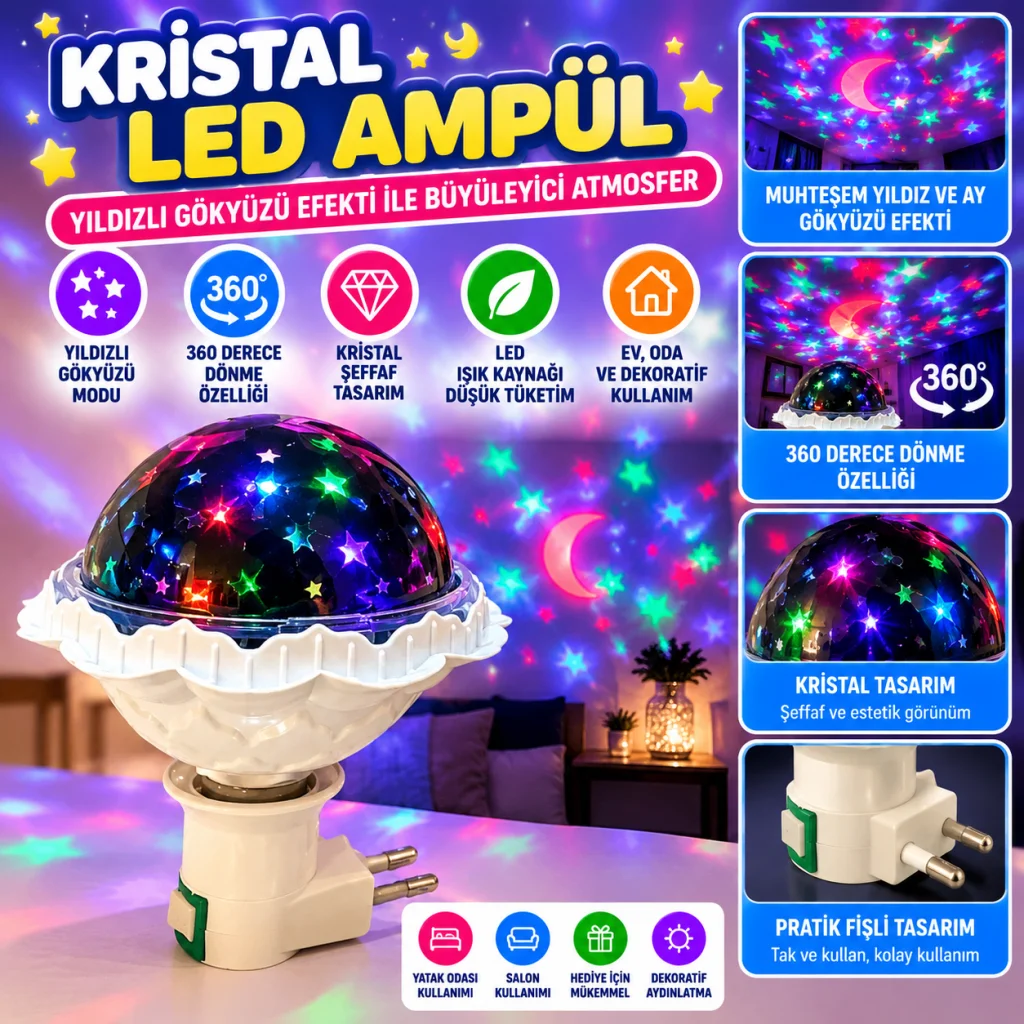Kristal Gökyüzü Modlu Yıldızlı Hareketli 360 Derece Dönen Kristal Led Ampül(adet fiyatıdır)