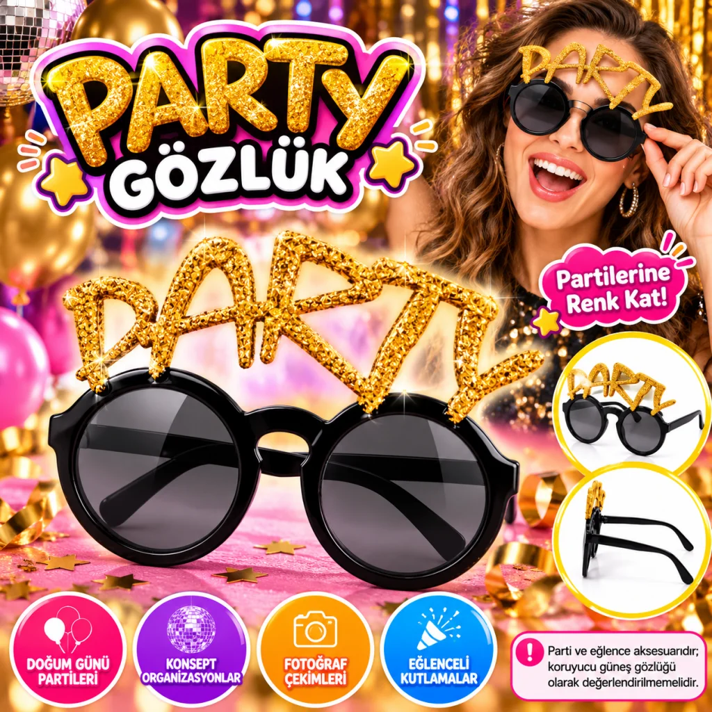 Altın Simli PARTY Yazılı Parti Gözlüğü görsel 2