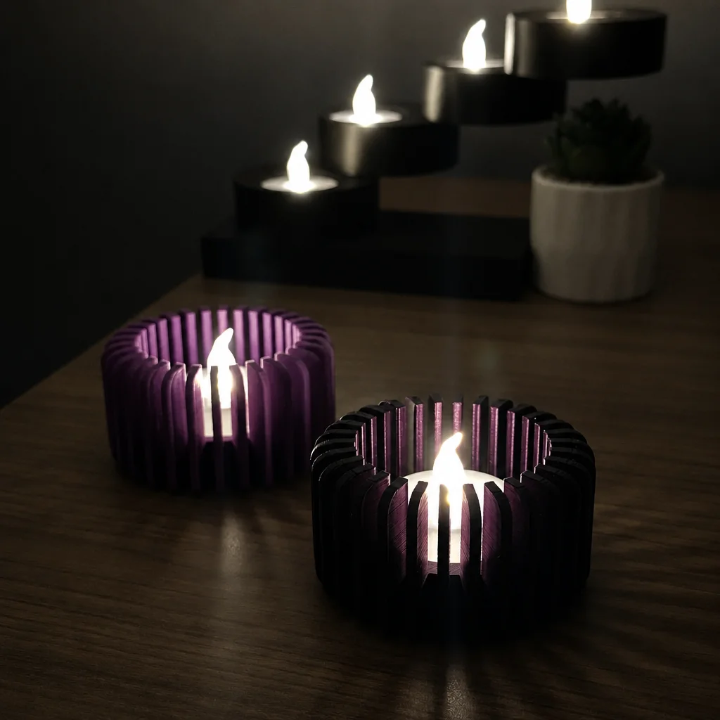 3D Baskı Modern Çizgili Mumluk - Tealight Mumluk (1 Adet)-Mor görsel 3