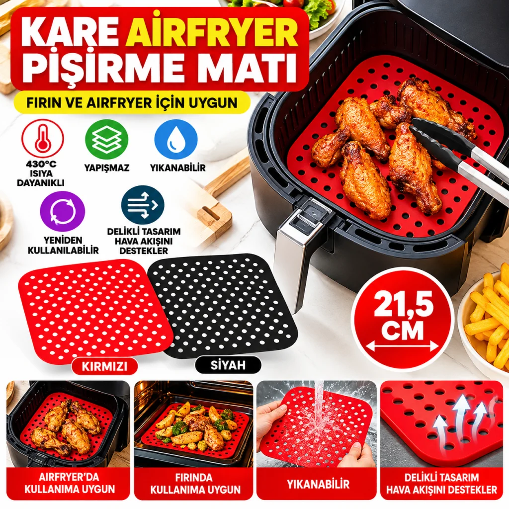 Siyah Isıya Dayanıklı Yıkanılabilir Silikon Fırın Ve Airfryer Kare Model Pişirme Matı 21,5 Cm