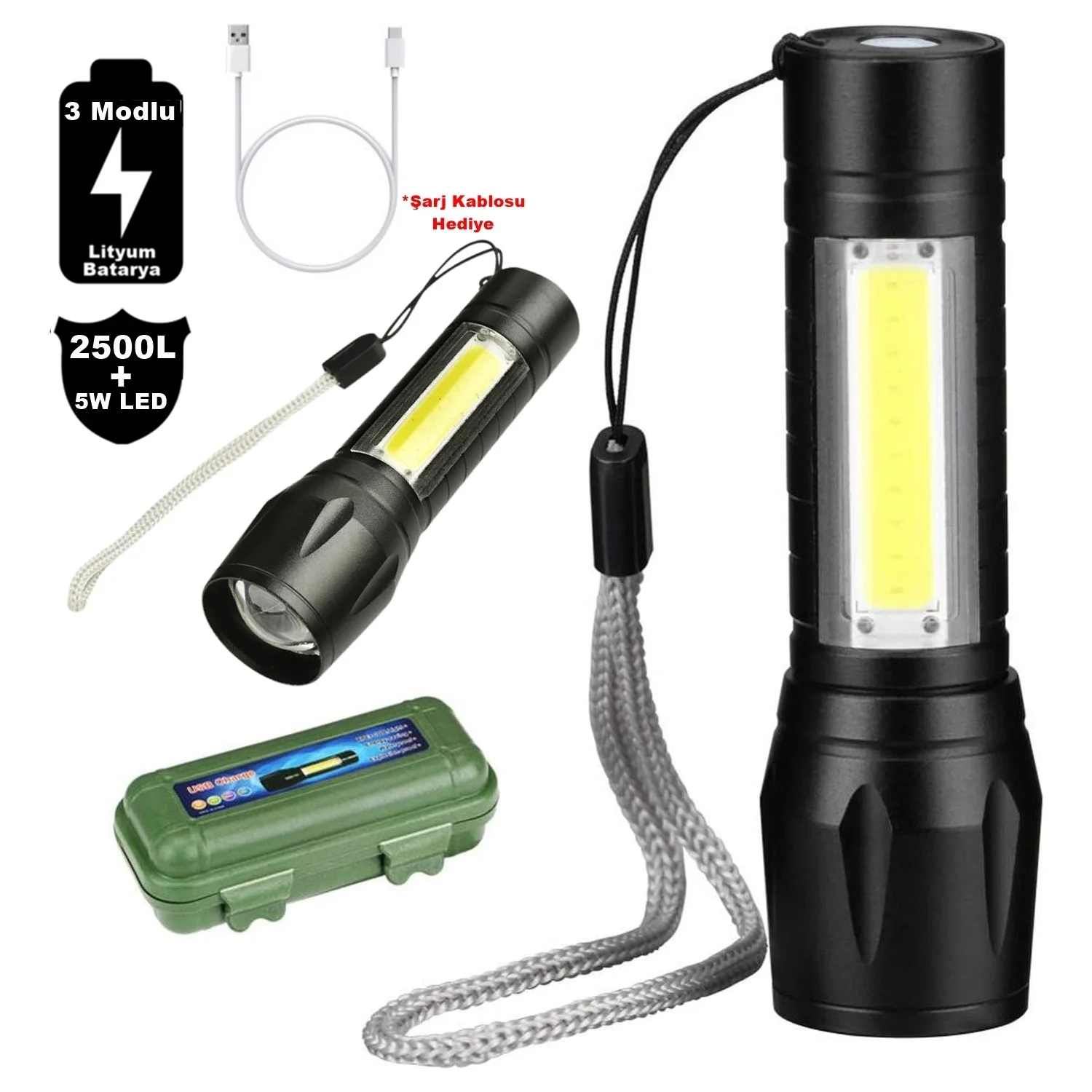 2500 Lumens + 5W COB LED USB Lion Şarjlı Ultra Güçlü Q5 XPE Su Geçirmez Şarjlı El Feneri görsel 3