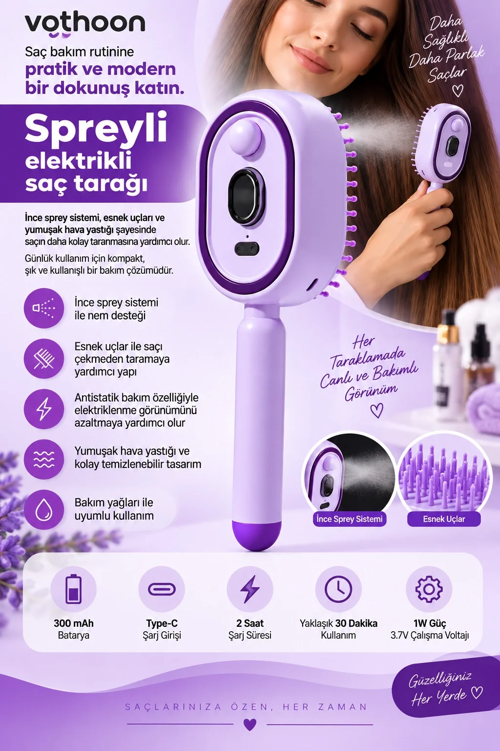 Elektrikli Spreyli Saç Tarağı 300 mAh Type‑C Şarjlı İnce Spreyli Antistatik Bakım Fırçası mor