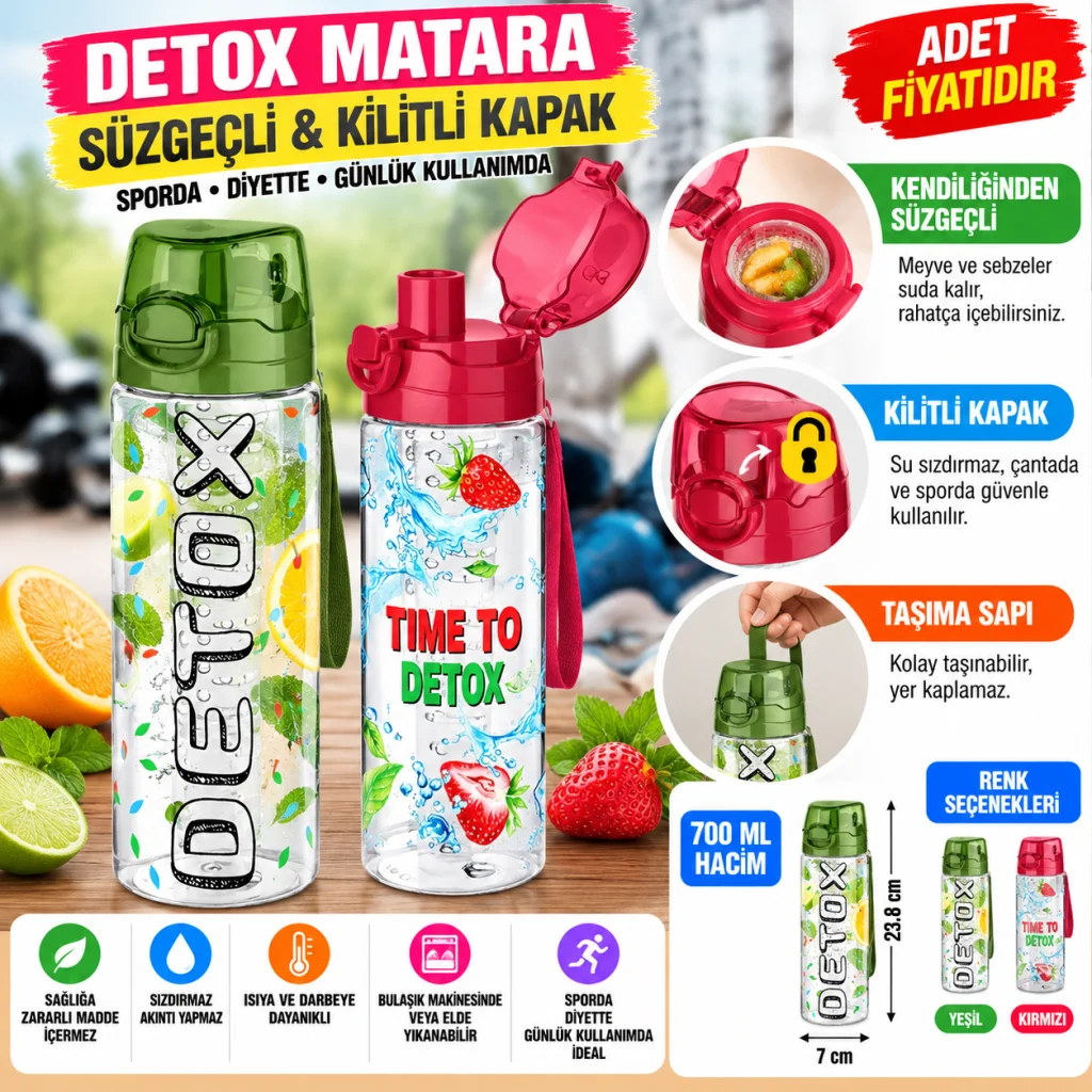 Tutma Saplı Kilitli Kendiliğinden Süzgeçli Kolay Taşınabilir Detoks Sporcu Diyet Matarası (adet fiyatıdır)