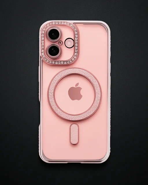 Apple İphone 16 Plus Kılıf Joke Simli Magneticsafe Kılıf - Pembe