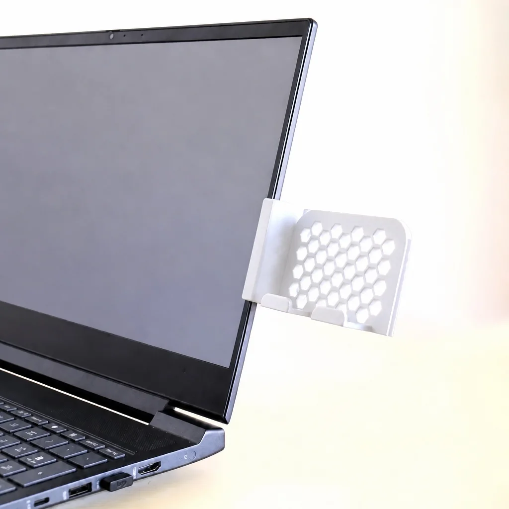 3D Baskı Monitor Telefon Tutucu - Petek Desenli Laptop Kenar Telefon Tutucu-Beyaz görsel 2