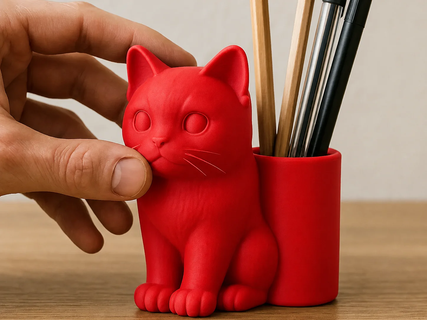 3D Baskı Kedi Figürlü Kalemlik - Masaüstü Organizer - Kırmızı