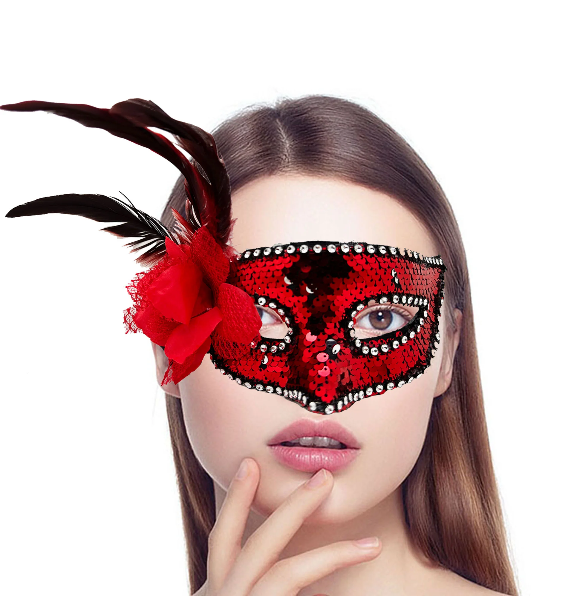 Kırmızı Renk Yandan Tüylü Güllü Gümüş Taşlı Pullu Maske 20x22 cm görsel 2