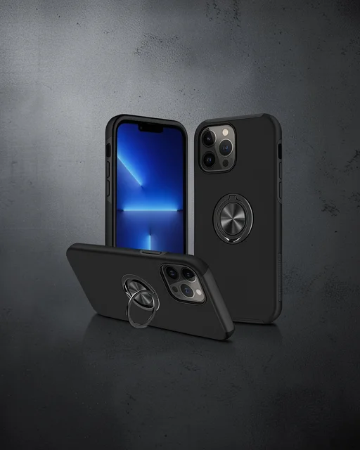 Apple İphone 13 Pro Kılıf Elit Yüzüklü Kapak - Siyah