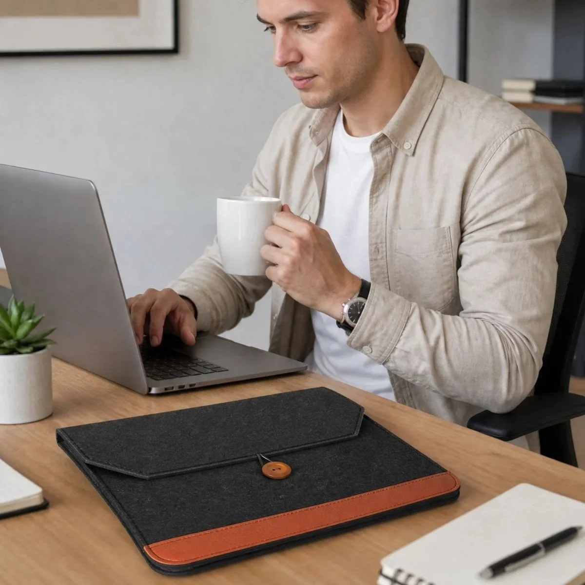 15.6 İnç Düğmeli Keçe Laptop ve Evrak Çantası, Notebook Bilgisayar ve Dosya Taşıma Çantası görsel 2