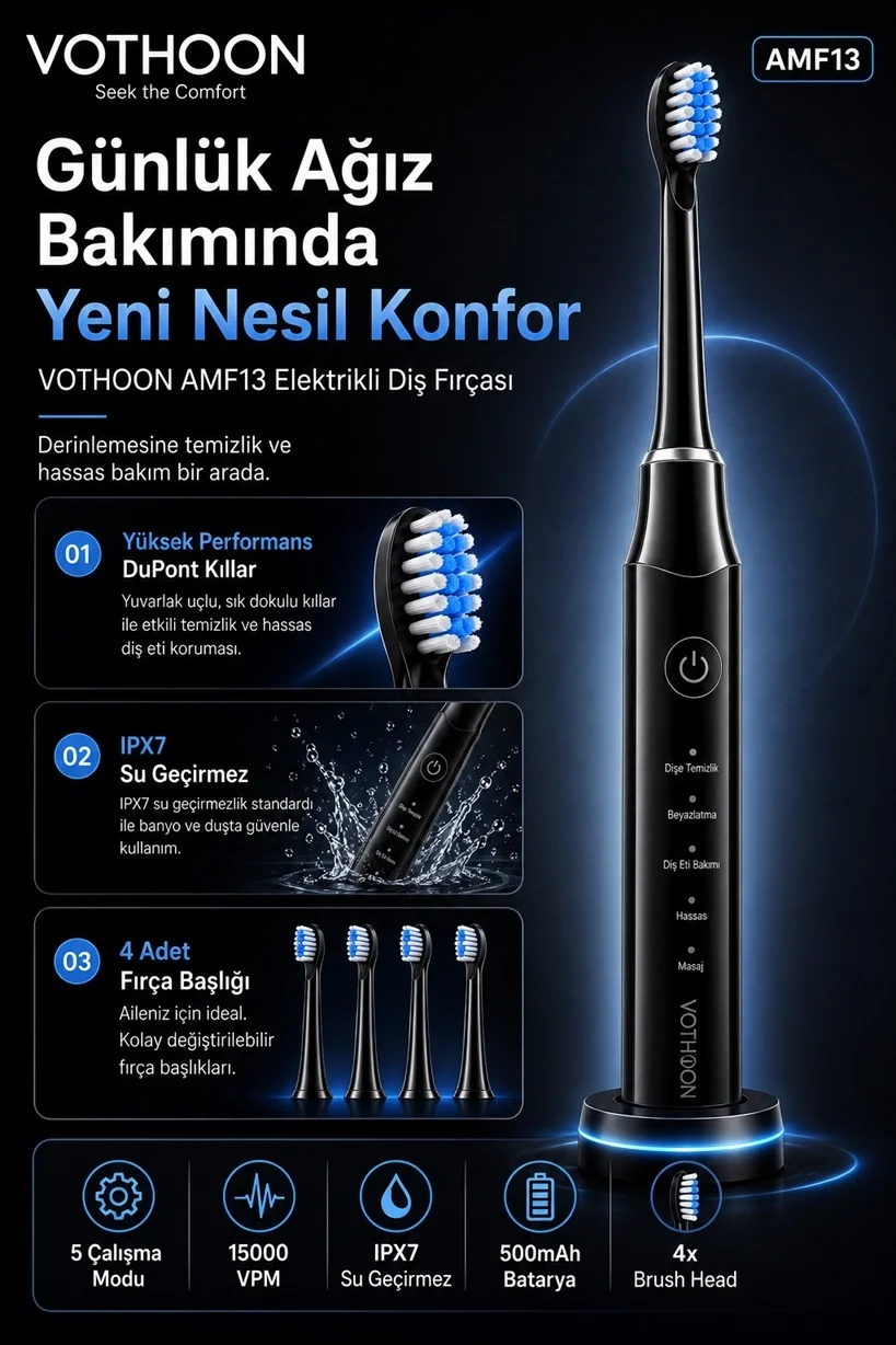 Şarjlı Diş Fırçası 15000 VPM Titreşim Gücü, 500mAh Batarya, 5 Temizlik Modu siyah görsel 2