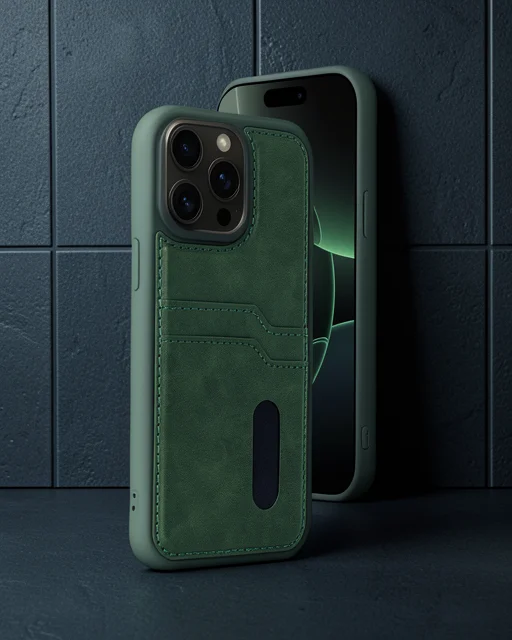 Apple İphone 15 Pro Max Kılıf Sara Kartvizitli Deri Kılıf - Koyu Yeşil