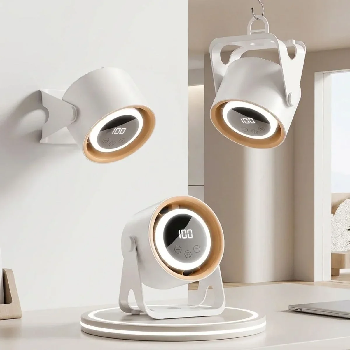 6 Kademeli Şarjlı Masaüstü Fan – Dijital LED Ekranlı, Oynar Başlıklı, LED Işıklı, Askılı ve Duvara Monte Edilebilir Fan K6 görsel 3