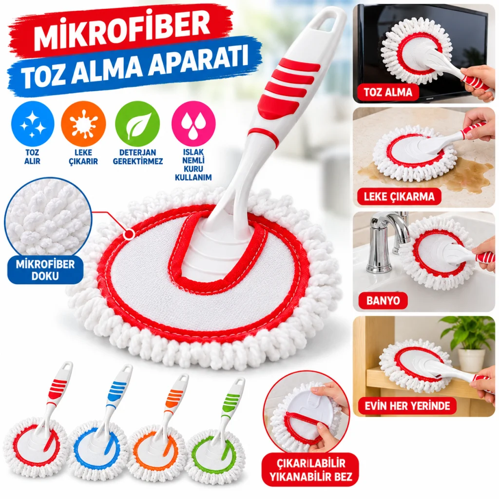 Mikrofiber Duster Toz Leke Kir Alıcı Temizleyici Tutacaklı Temizlik Bezi Aparatı Malzemesi(adet fiyatıdır)