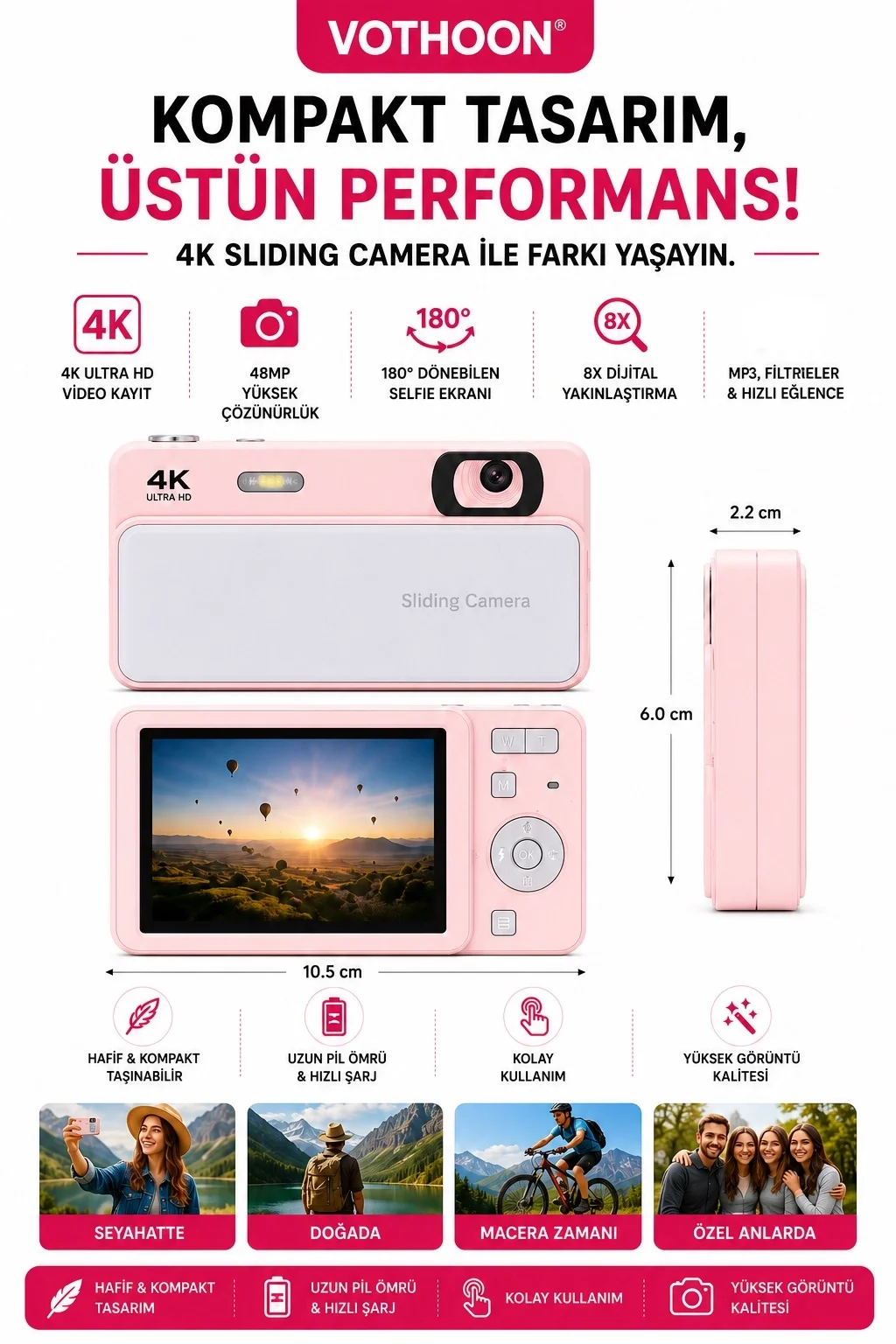 Dijital Kamera 4K HD 48MP 8X Zoom Flaşlı Kayar Retro Video Kamera 2.4’’ Ekran 64GB SD Kart Hediyeli Pembe görsel 2