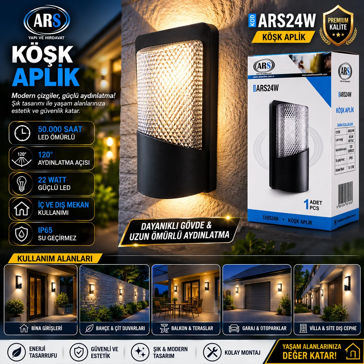 IP66 50.000 Saat Led Ömrü 22W Köşk Led Aplik Duvar Lambası ARS-348955 görsel 2