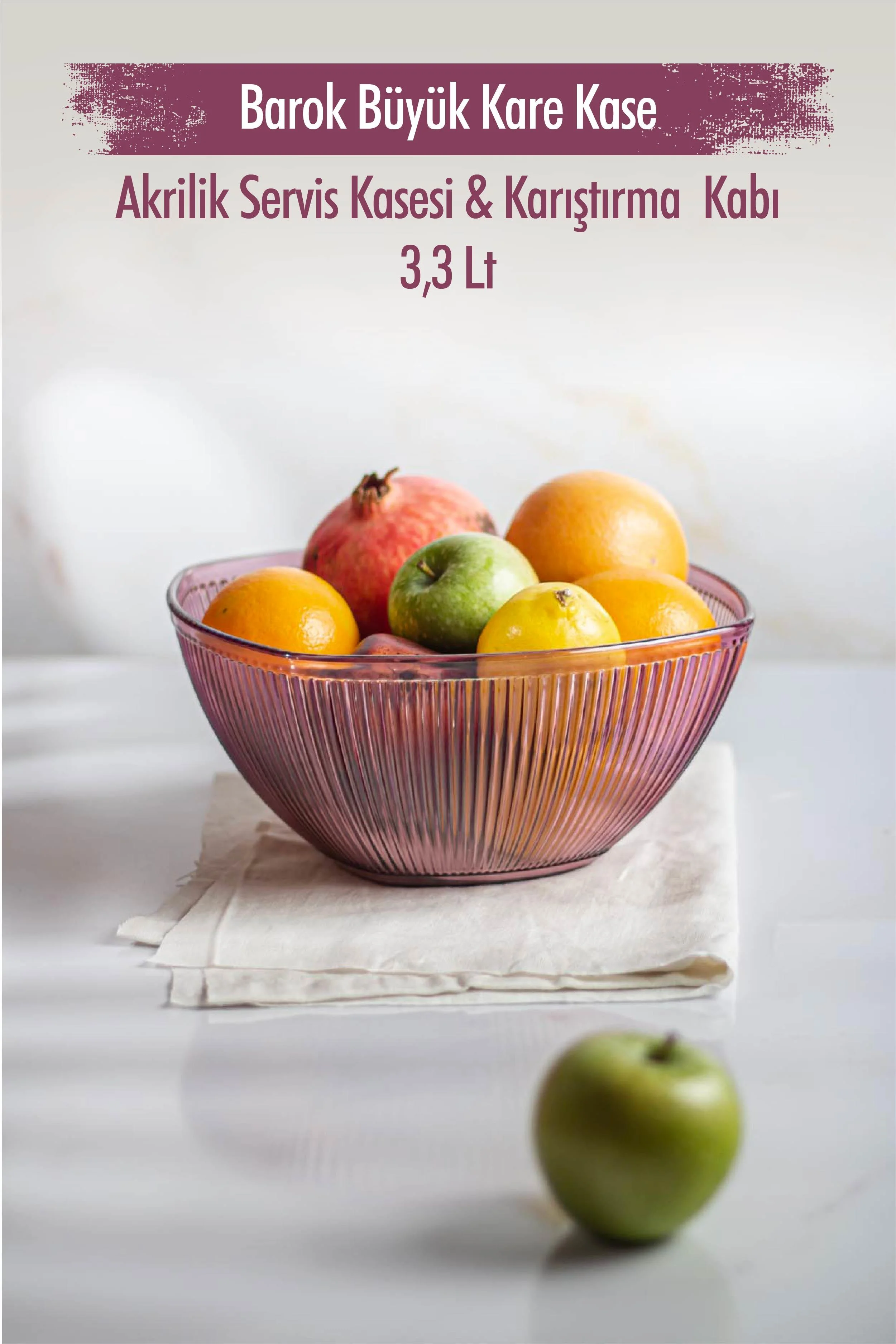 Akrilik Barok Mürdüm Büyük Kare Meyve & Salata Kasesi & Karıştırma Kabı / 3,3 Lt (CAM DEĞİLDİR) görsel 2