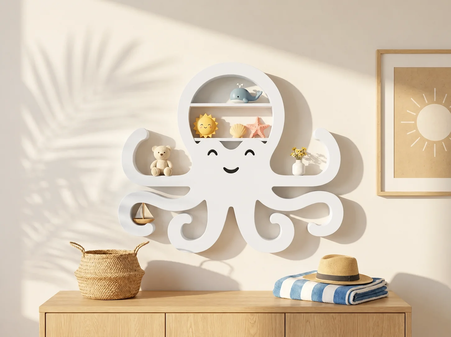 3D Baskı Ahtapot Duvar Rafı - Dekoratif Mini Raf-Beyaz