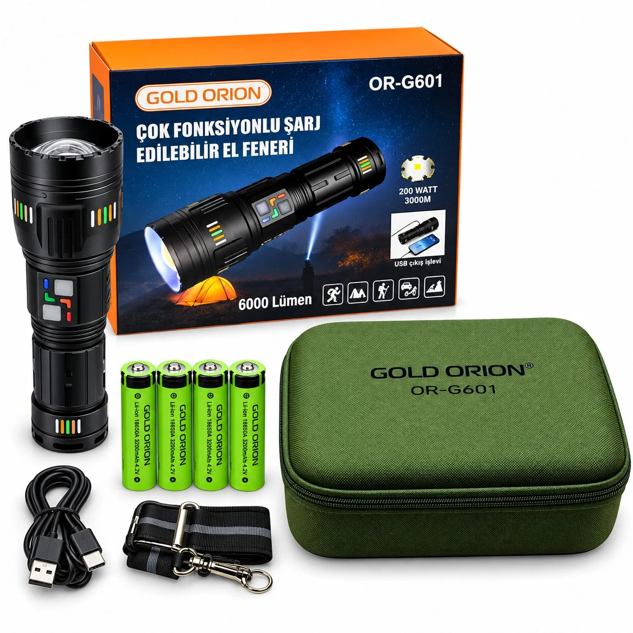 OR-G601 6000 Lümen Güçlü Lazer LED Powerbank Özellikli Şarjlı El Feneri