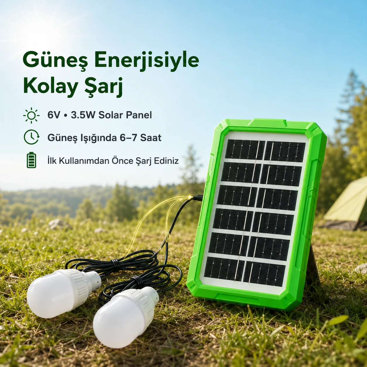 6V 3.5W Solar Panel Sistemli Taşınabilir Aydınlatma Seti – 2 LED Ampullü Kamp Lambası görsel 2