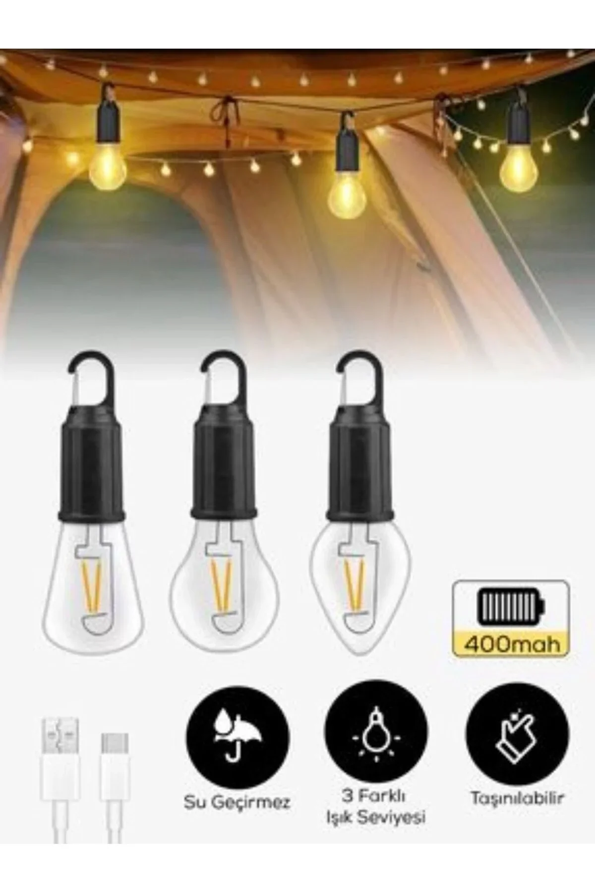 Taşınabilir Şarjlı Led Ampül Outdoor Kamp Bahçe Lambası görsel 3