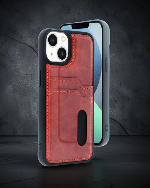 Apple İphone 14 Kılıf Sara Kartvizitli Deri Kılıf - Kırmızı