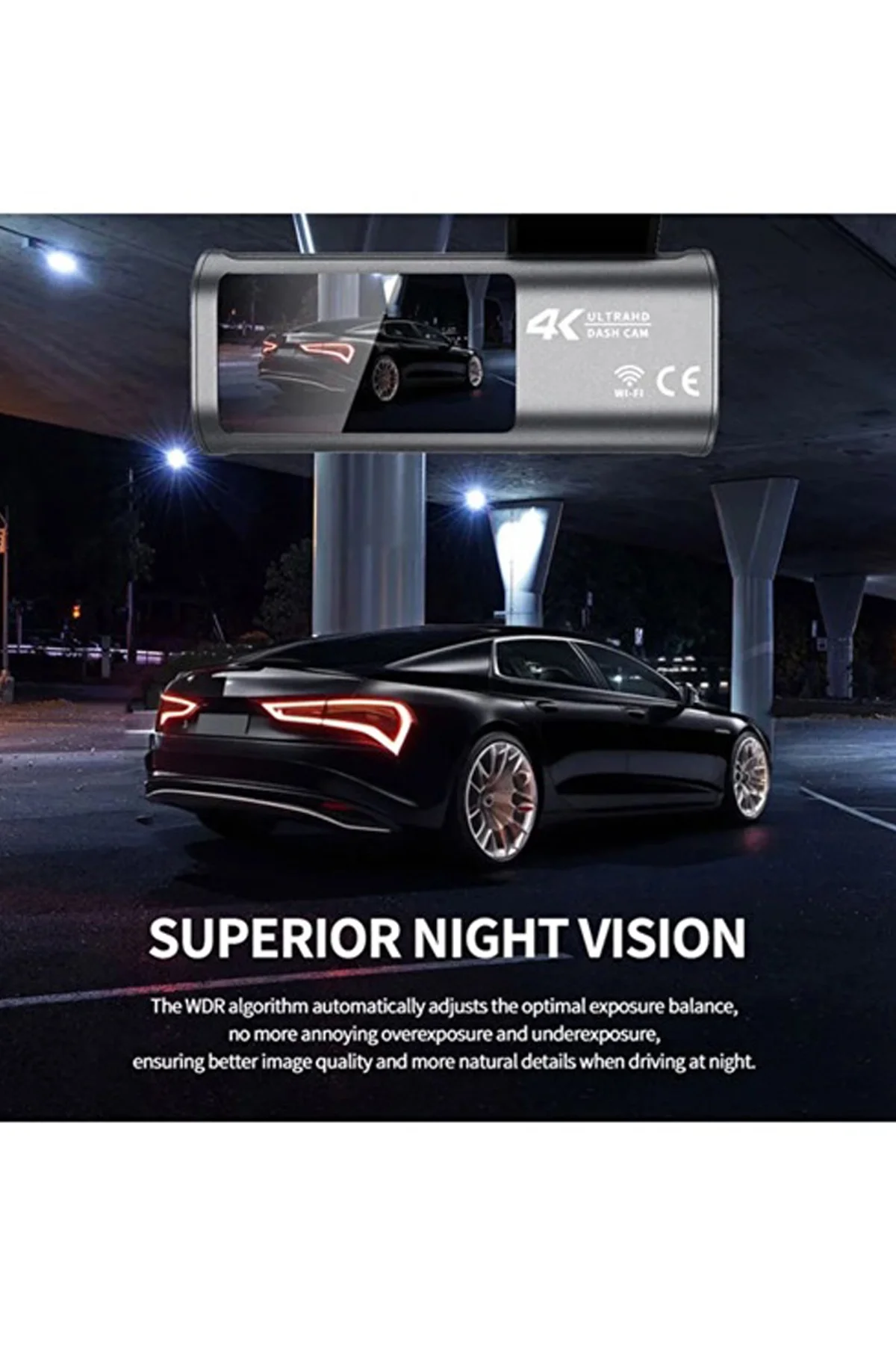 4K WiFi Çift Kameralı Araç Kamerası Gece Görüşlü G-Sensörlü Dash Cam 170 Derece görsel 6