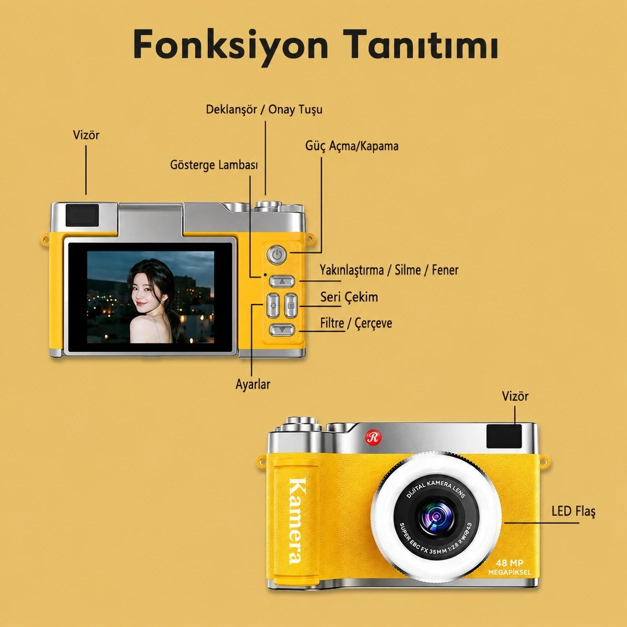4K Çantalı Dijital Retro Video Kamera 48MP 16X Zoom Işıklı (32GB) Kart Dijital Fotoğraf Makinesi Sarı görsel 4