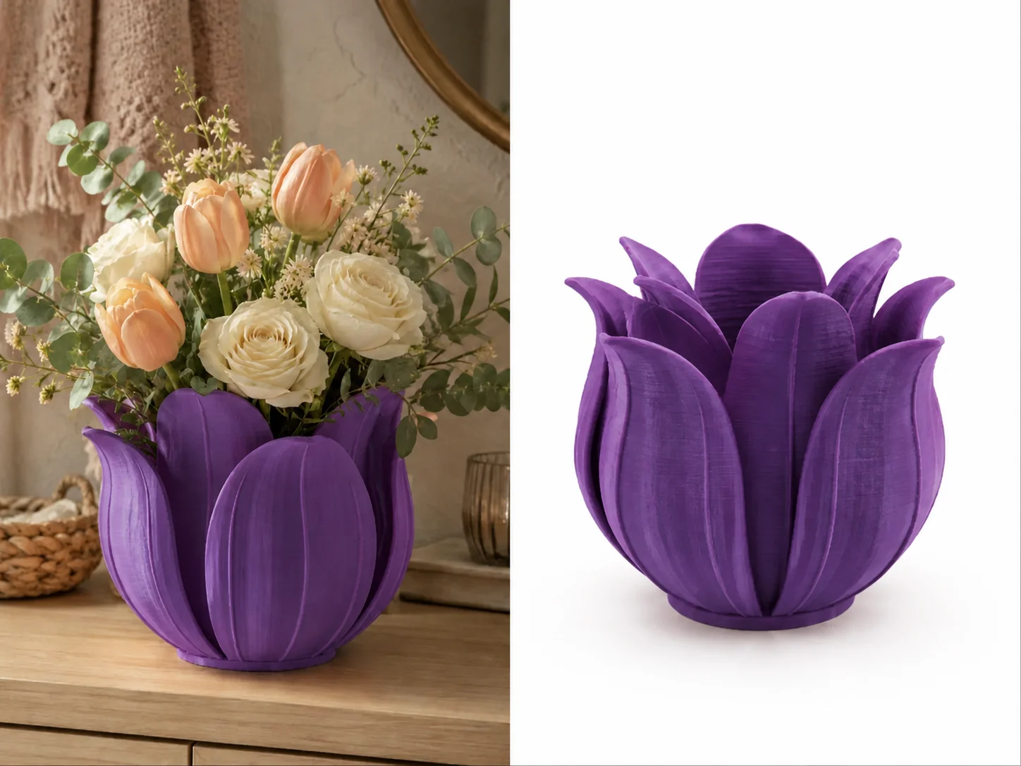 3D Baskı Lotus Yapraklı Vazo - Dekoratif Çiçeklik-Mor