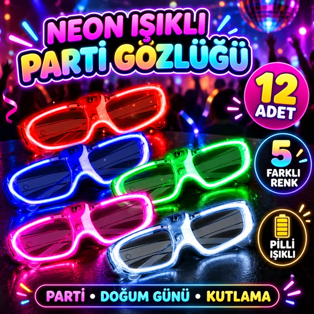 Neon Işıklı Parti Gözlüğü Pilli – 12’li Paket 5 Renk görsel 2
