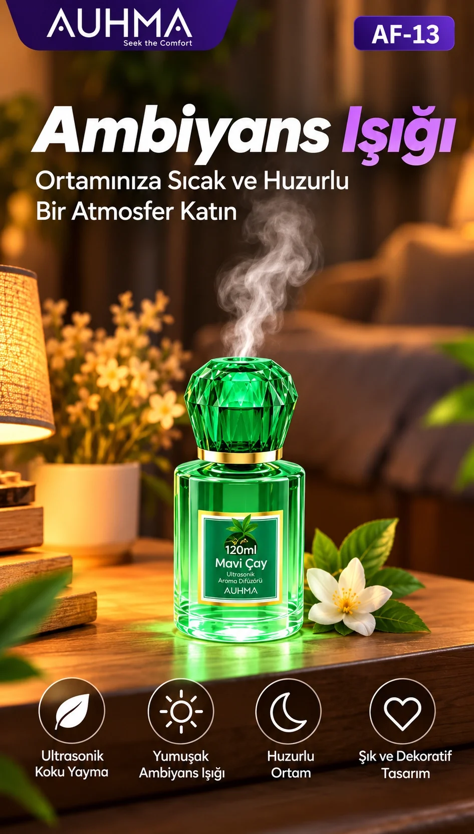 Ultrasonik Aroma Difüzörü 120 ML Mavi Çay Kokulu LED Işıklı Araç ve Oda Kokusu görsel 4