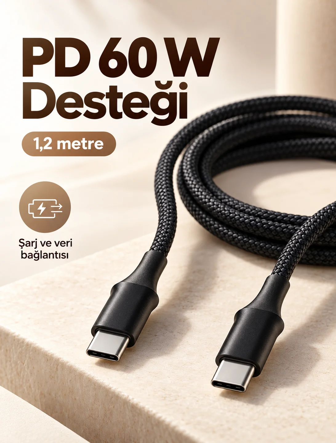 60W PD Hızlı Şarj Destekli LED Göstergeli Type C Kablo