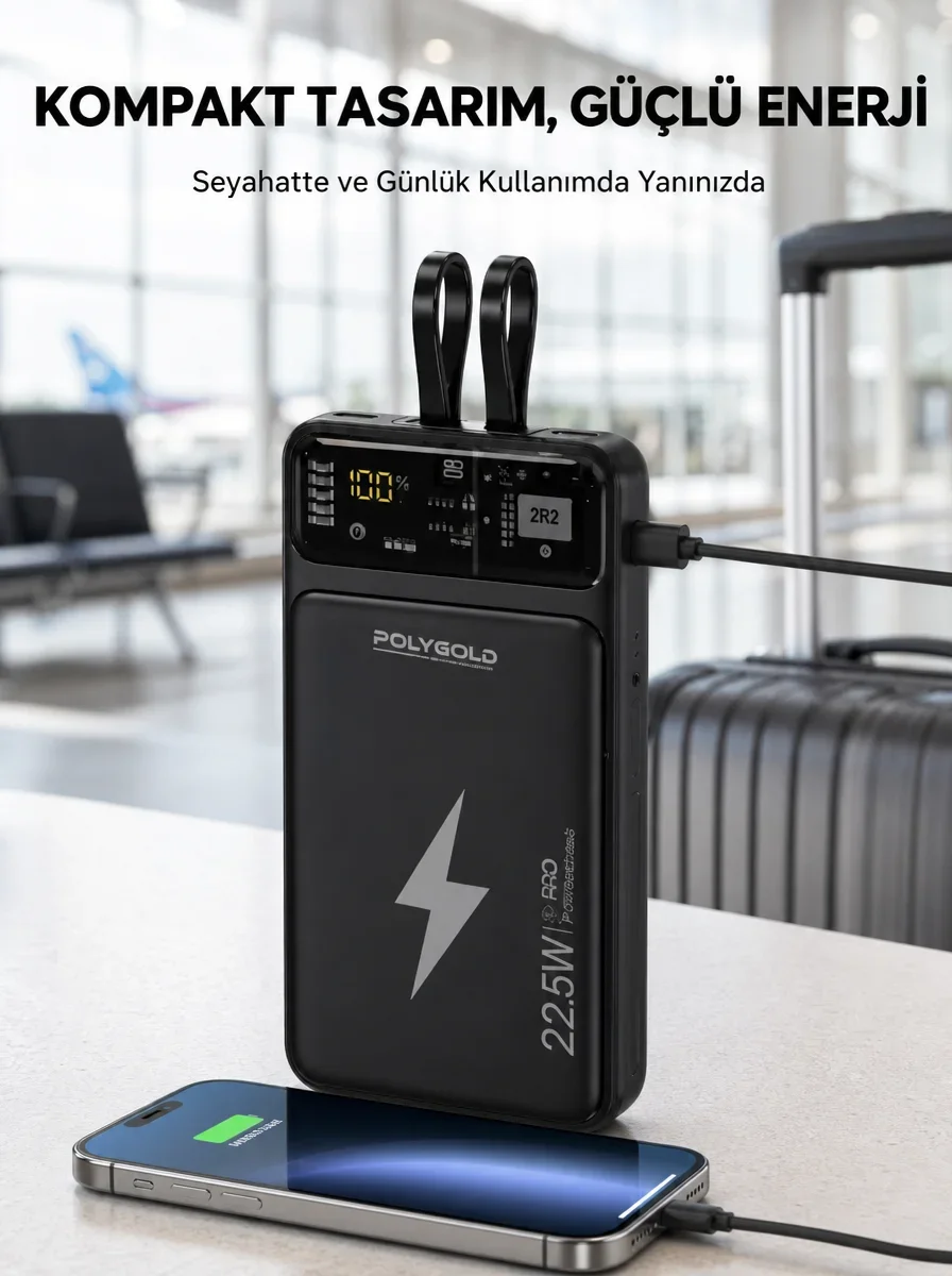 Powerbank Dahili Ekranlı 10000 mAh Çift Kablolu Yeni Nesil