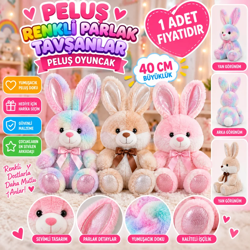 62884 PELUŞ 40CM RENKLİ PARLAK TAVŞANLAR PELUŞ OYUNCAK (adet fiyatıdır) görsel 4