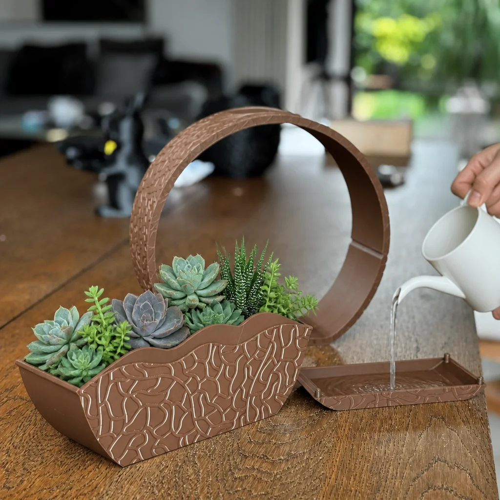 3D Baskı Self-Watering Planter - Kendi Kendini Sulayan Saksı-Kahverengi görsel 2