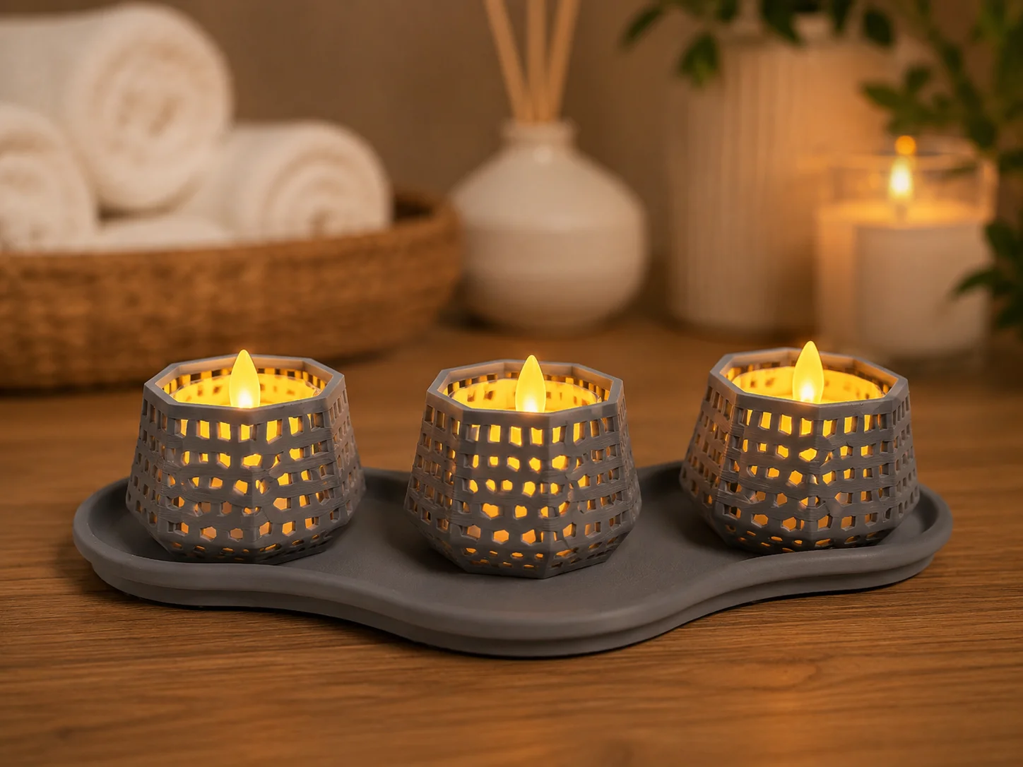 3D Baskı Dekoratif Mumluk Seti - Desenli Tealight ve Masaüstü Aydınlatma Objesi-Gri