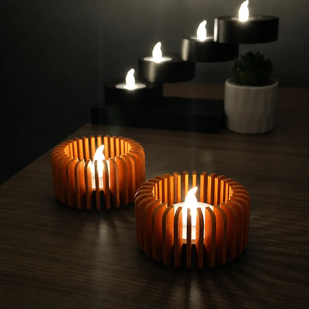3D Baskı Modern Çizgili Mumluk - Tealight Mumluk (1 Adet)-Turuncu görsel 3