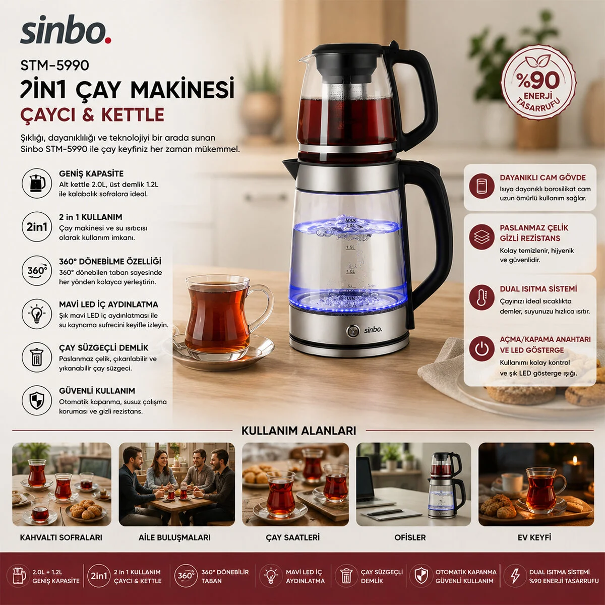 2İN1= Çaycı - Kettle Çelik Elektrikli Çay Makinesi 2LT + 1,2LT Çay Süzgeçli 360° Dönebilir STM-5990 görsel 2