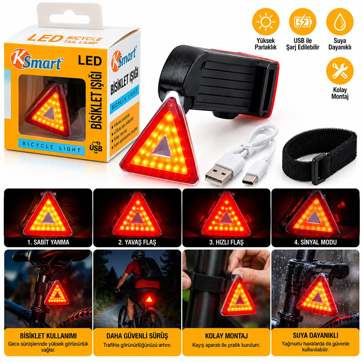 Bisiklet Feneri Led Usb Şarjlı 4 Fonksiyonlu - Sinyal Işık K-1176 görsel 2