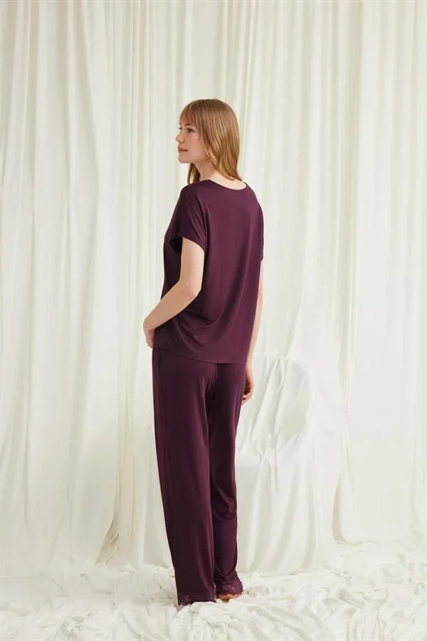 Kısa Kollu V Yakalı Dantelli Viskon Pijama Takımı görsel 5