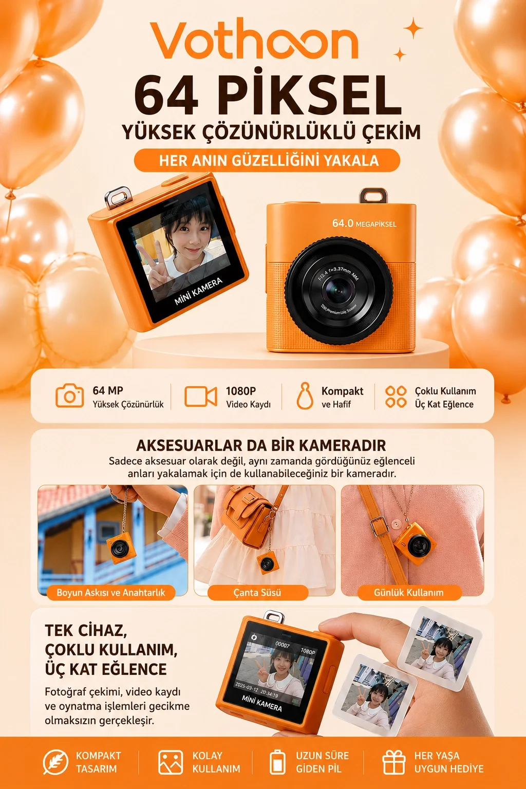 Mini Dijital Kamera 64MP 16x Digital Zoom Retro Vintage 1.4’’Ekranlı Video Kamera Taşınabilir Tasarım Turuncu görsel 2