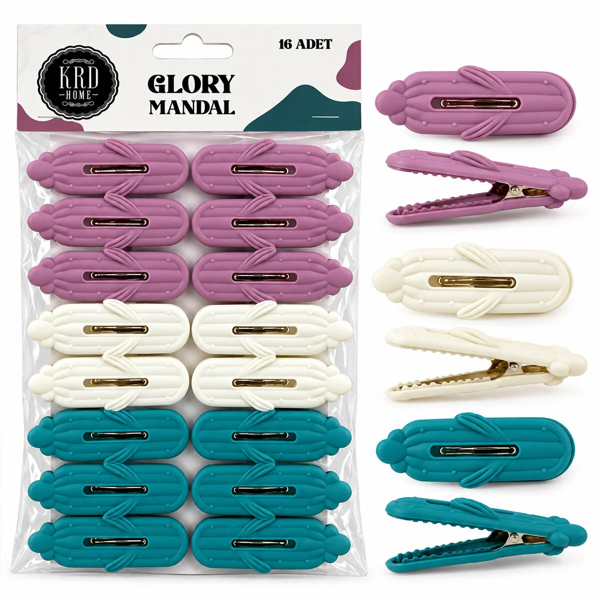 16PCS Çamaşır Mandalı Renkli Plastik - Kabartma Desenli