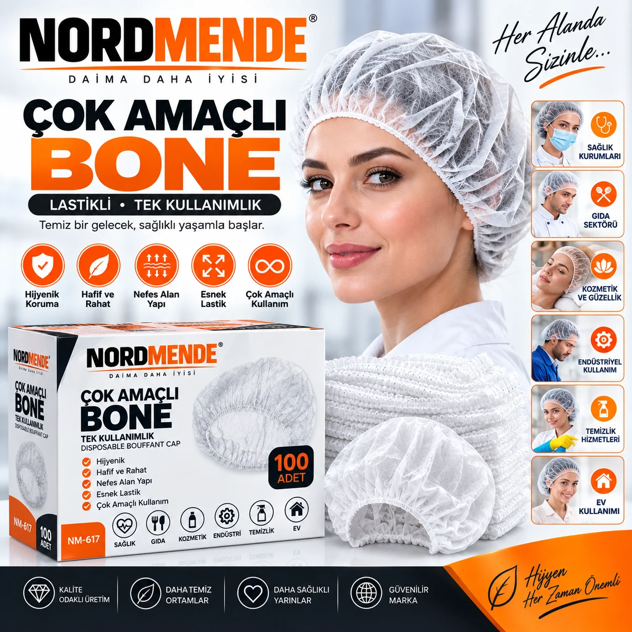 NORDMENDE Çok Amaçlı Lastikli Bone 100 Adet – Hijyenik Tek Kullanımlık Saç Bonesi