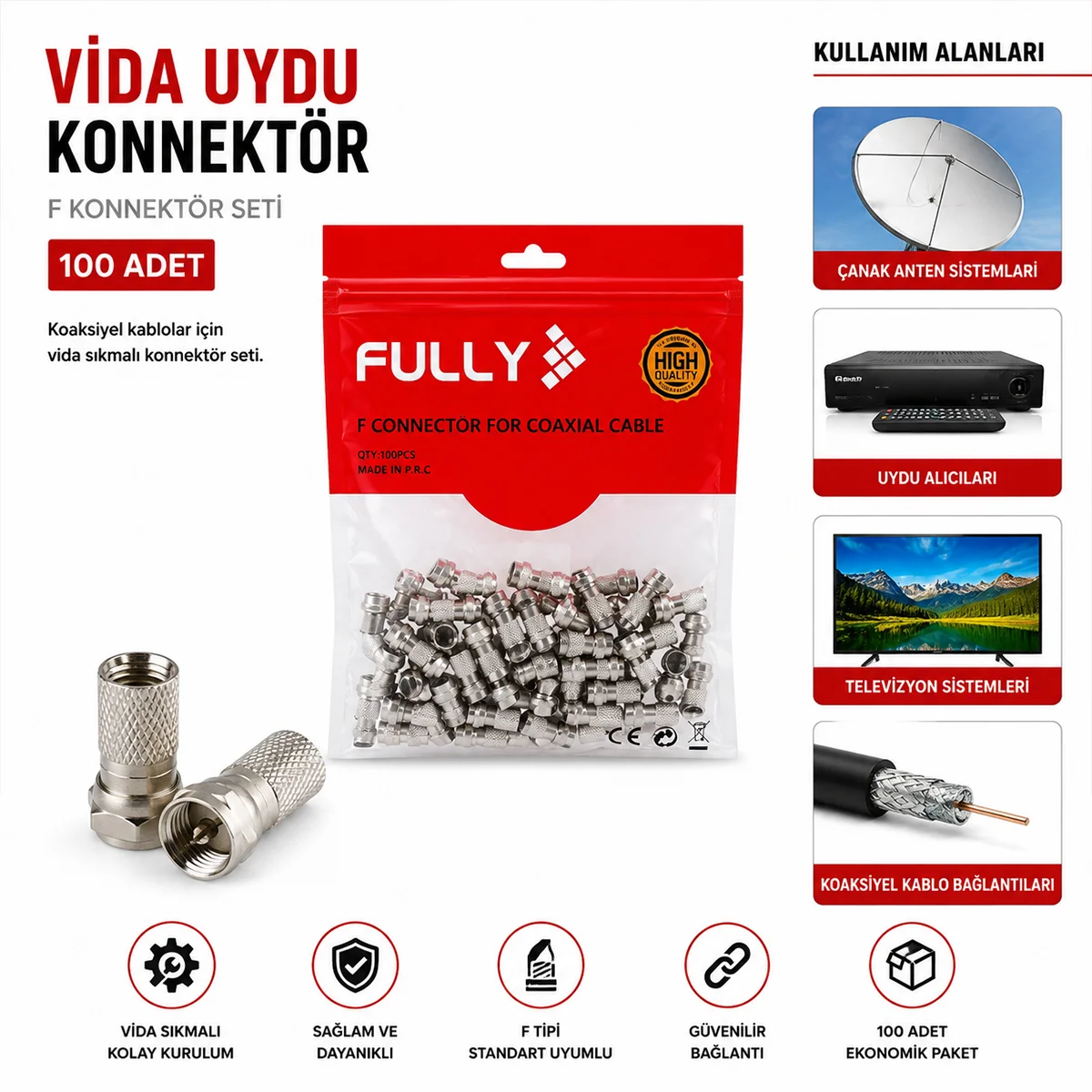 Uydu F Tipi Vidalı Konnektör 100'lü görsel 2