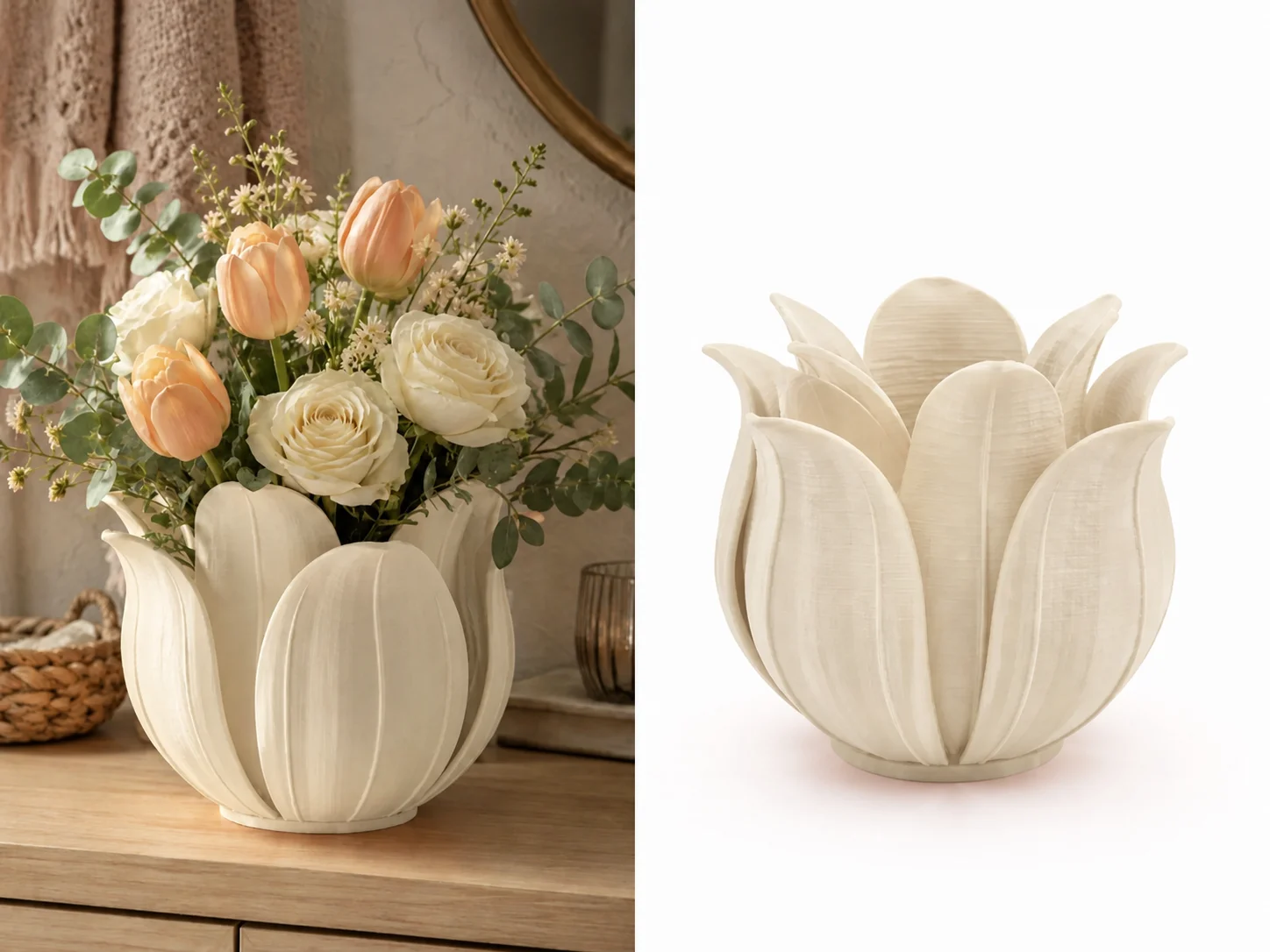3D Baskı Lotus Yapraklı Vazo - Dekoratif Çiçeklik-Bej