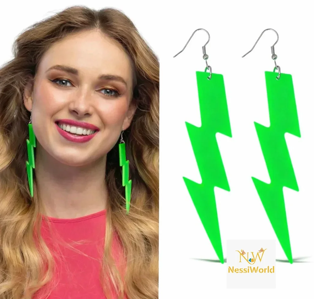 80’ler 90'lar Retro Neon Yeşil Şimşek Küpe 10 cm görsel 2