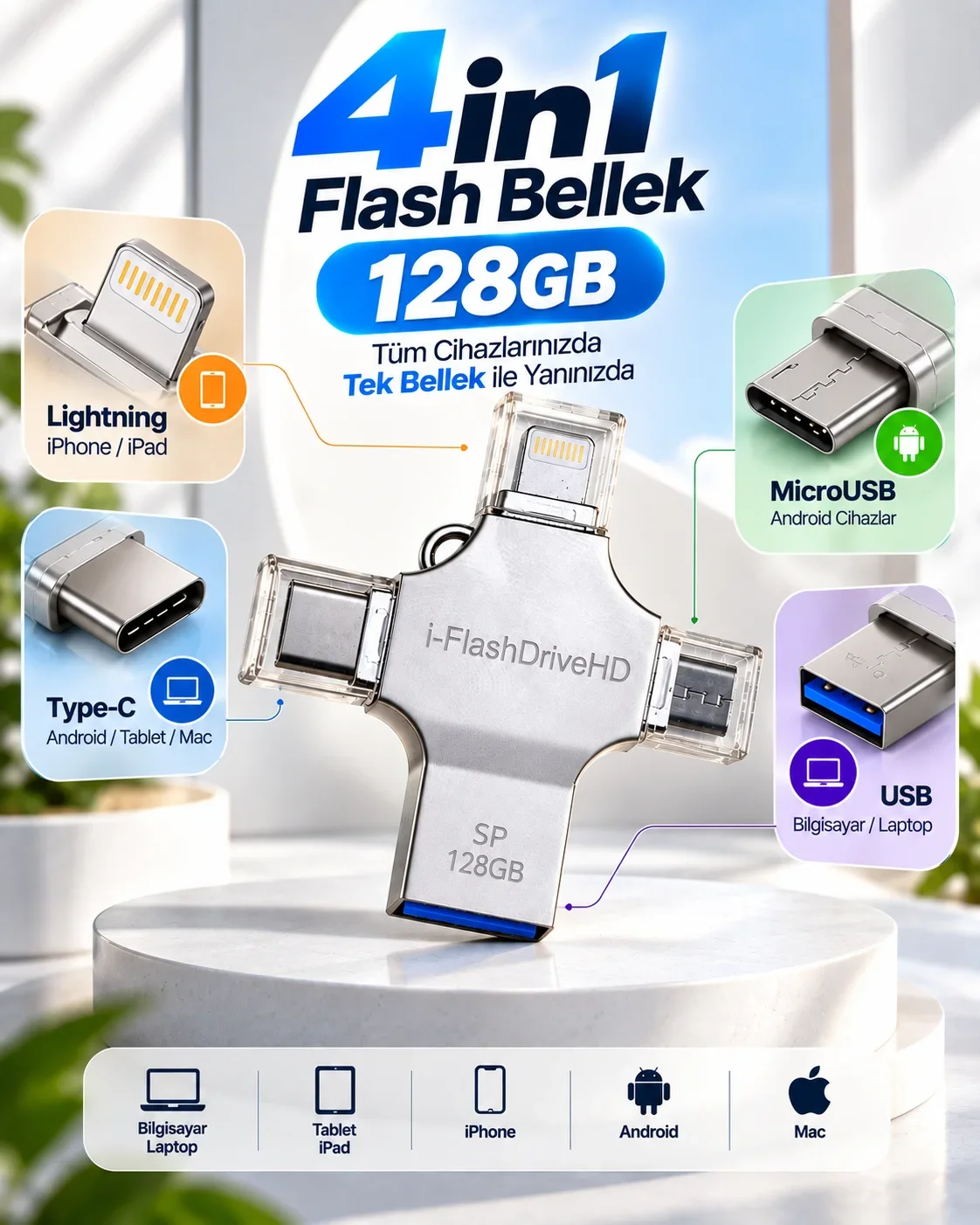 4in1 128GB USB Flash Bellek Lightning Type-C USB-A MicroUSB Girişli Çok Amaçlı Bellek