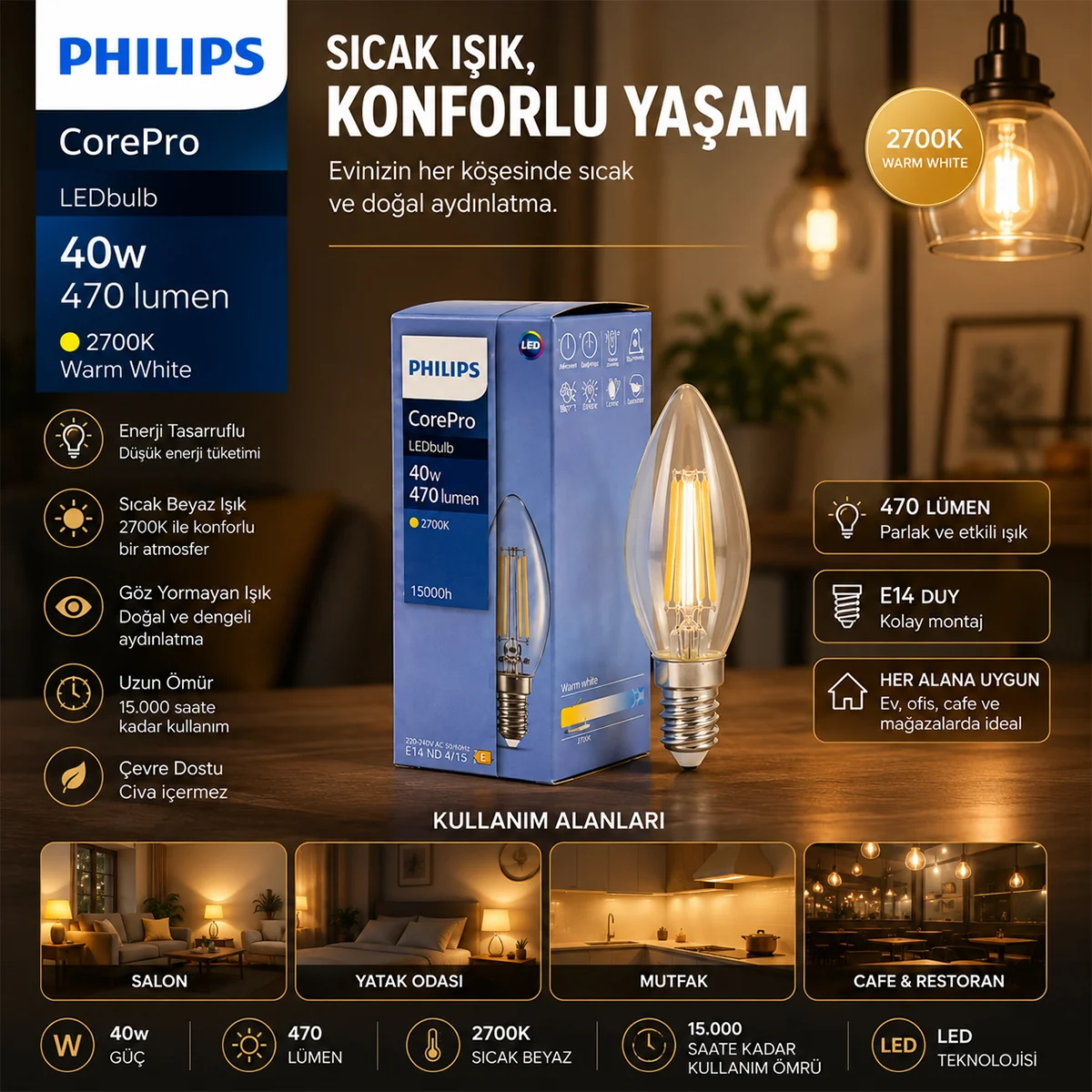 LED Filament Rustik Cam Ampul 470 Lumen görsel 3