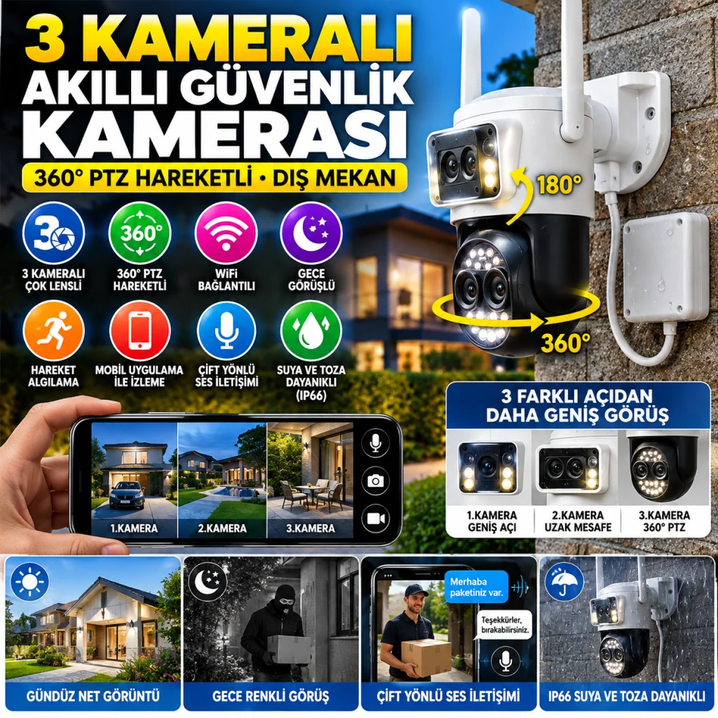 3 Kameralı Kablolu Akıllı Güvenlik Kamerası – 360° PTZ Hareketli, Çift Antenli, WiFi IP, Gece Görüşlü Dış Mekan Kamera