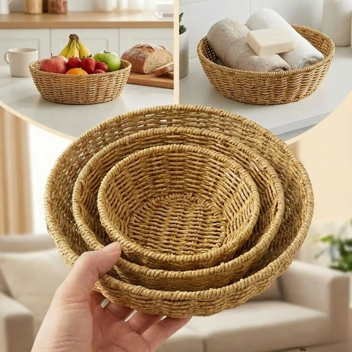 3’lü Plastik Rattan Çanak Seti – Hasır Görünümlü İç İçe Geçebilen Sunum ve Düzenleme Kaseleri, Mutfak & Masaüstü Çok Amaçlı Organizer görsel 4