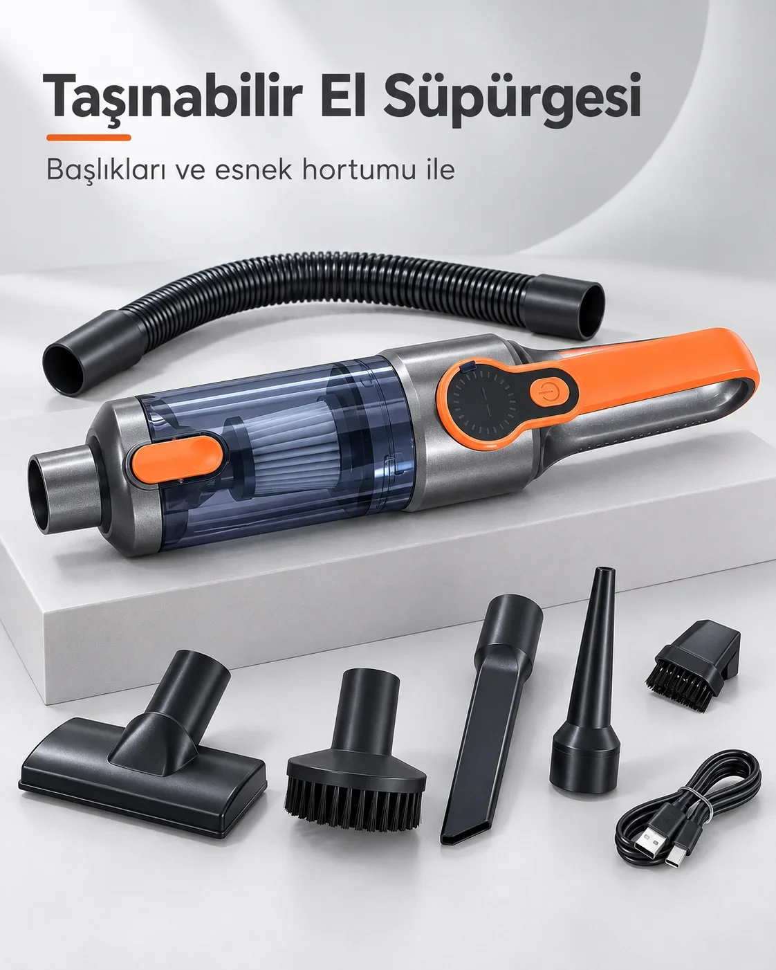 Şeffaf Toz Hazneli Gri Turuncu El Süpürgesi Temizlik Başlıkları ve USB Şarj Kablolu
